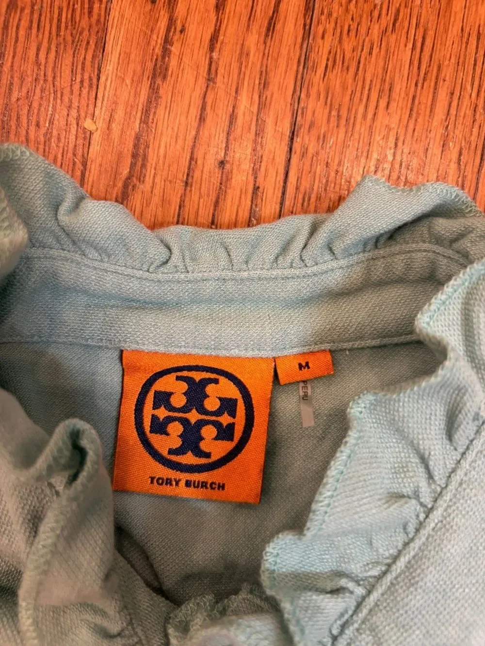 Preppy Quiet Luxury Tory Burch Ruffle Polo Top M Aqua Blue Gold Logo Buttons